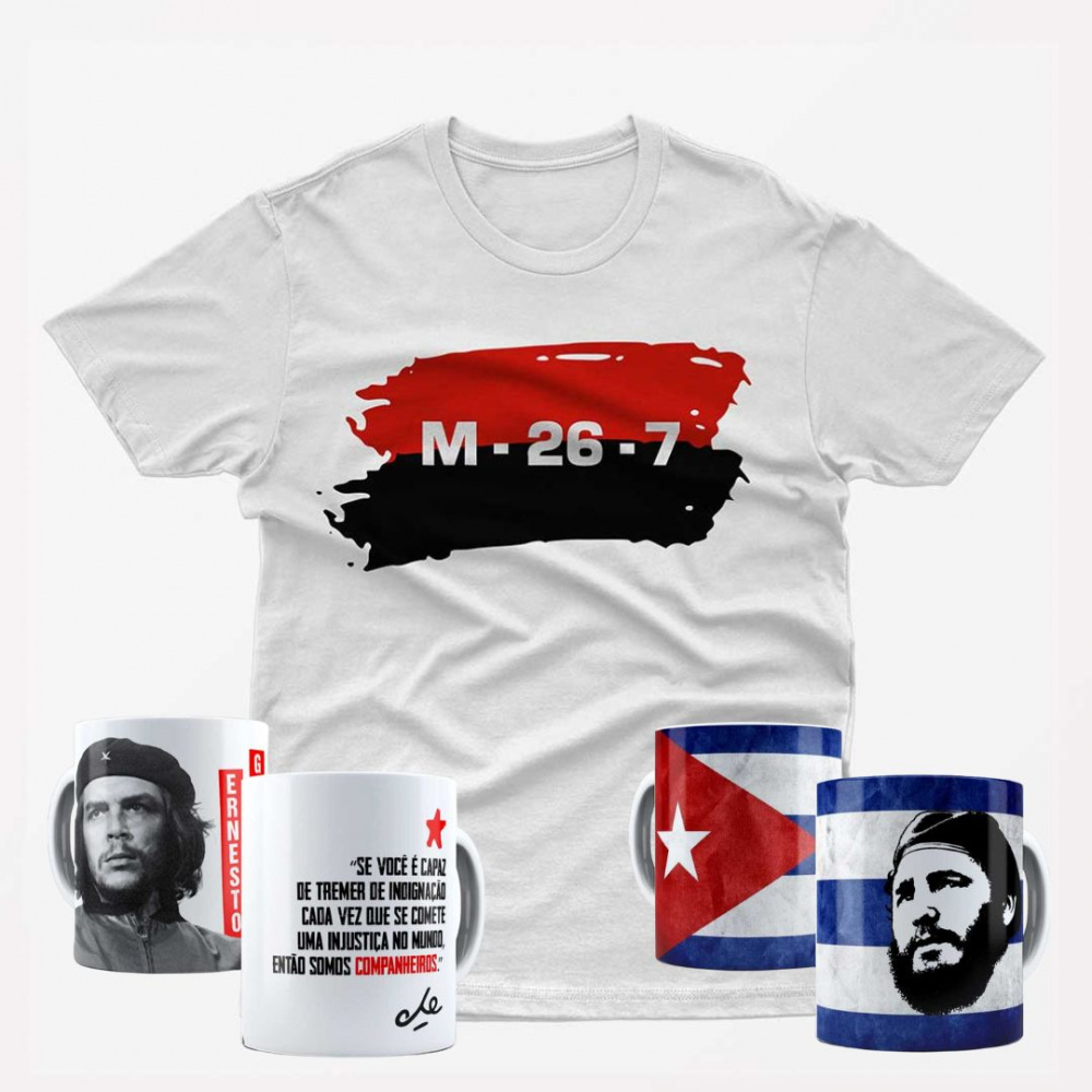Kit Cuba Movimento 26-7: Camiseta + 2 Canecas (1 Che + 1 Fidel)